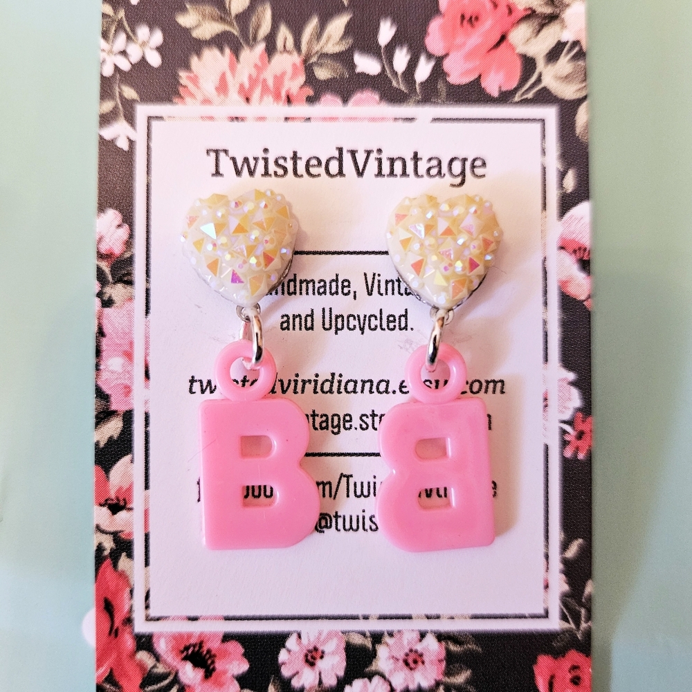 Handmade Pink Letter B Monogram Sparkly White Heart 90s Style Earrings